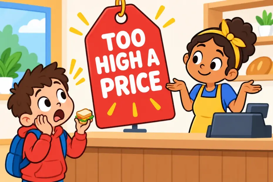 Cartoon shopper looks shocked at a huge price tag on a small item, showing exorbitant in a sentence.