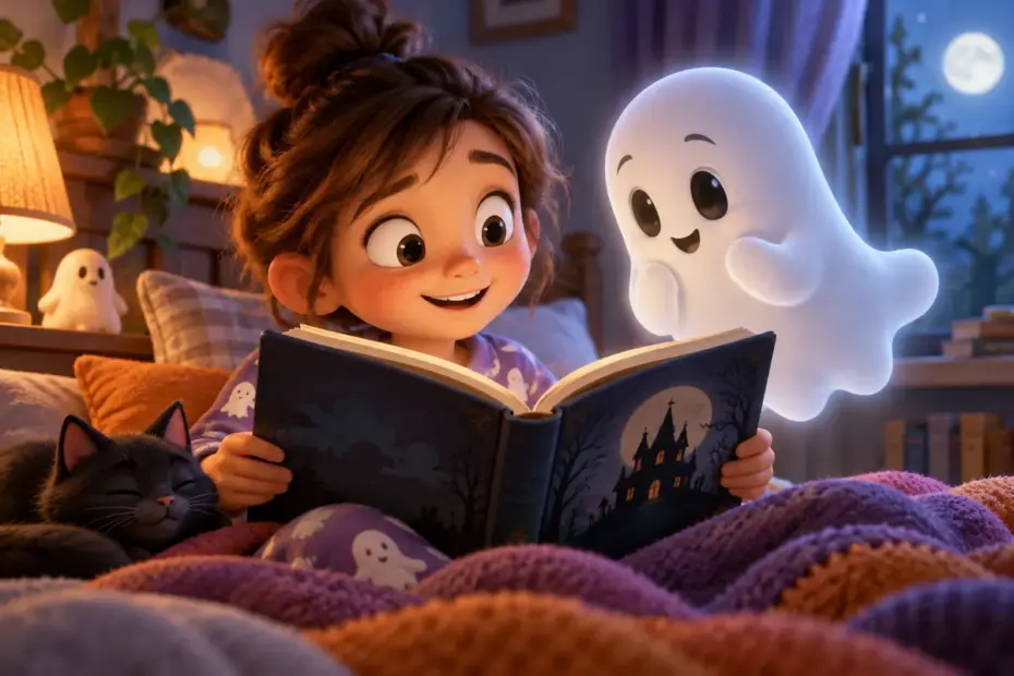 A reader opens a ghost story beside a small stylized ghost.