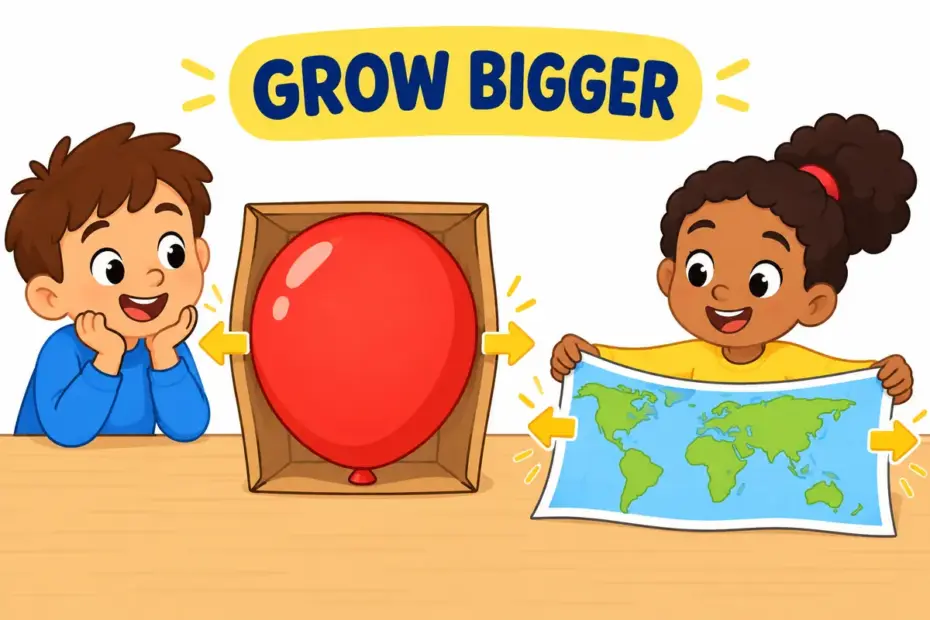 Cartoon children inflate a balloon and stretch a map, showing expand in a sentence as growing larger in size and range.