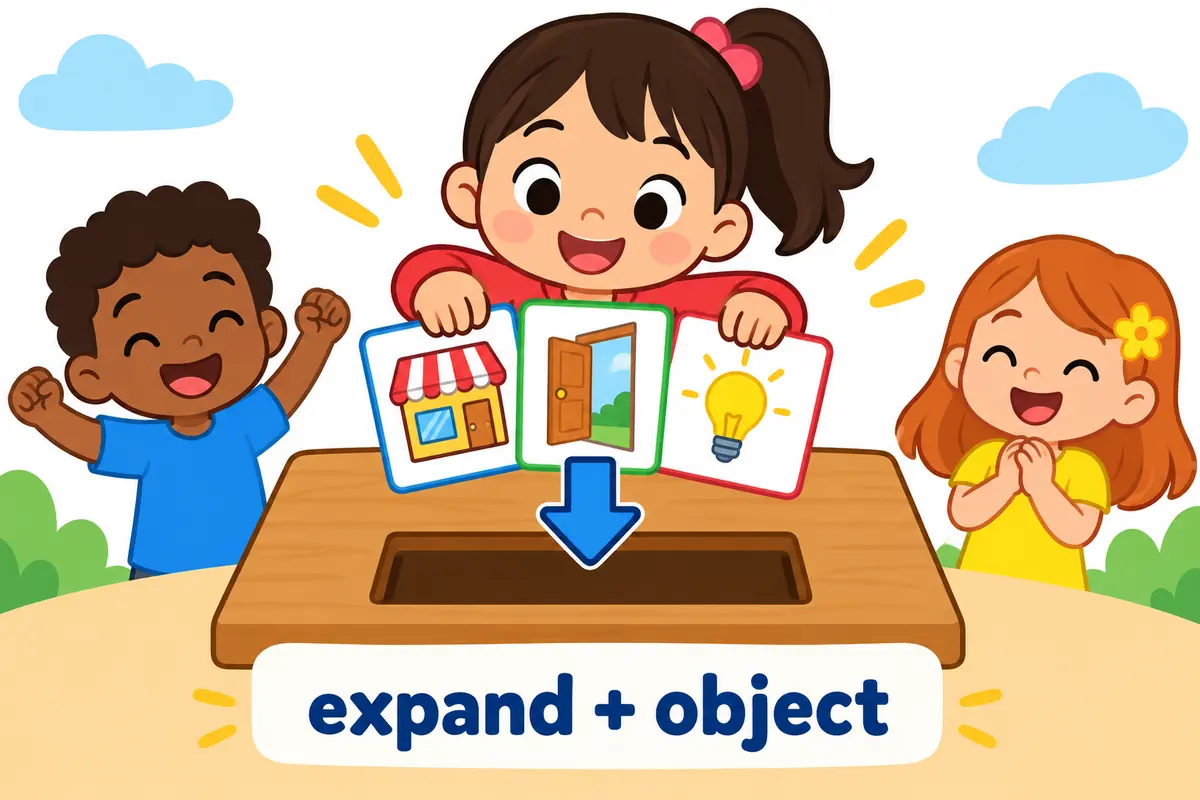 Three cartoon cards showing a shop, a door and a light bulb slide into the object slot after the verb expand.