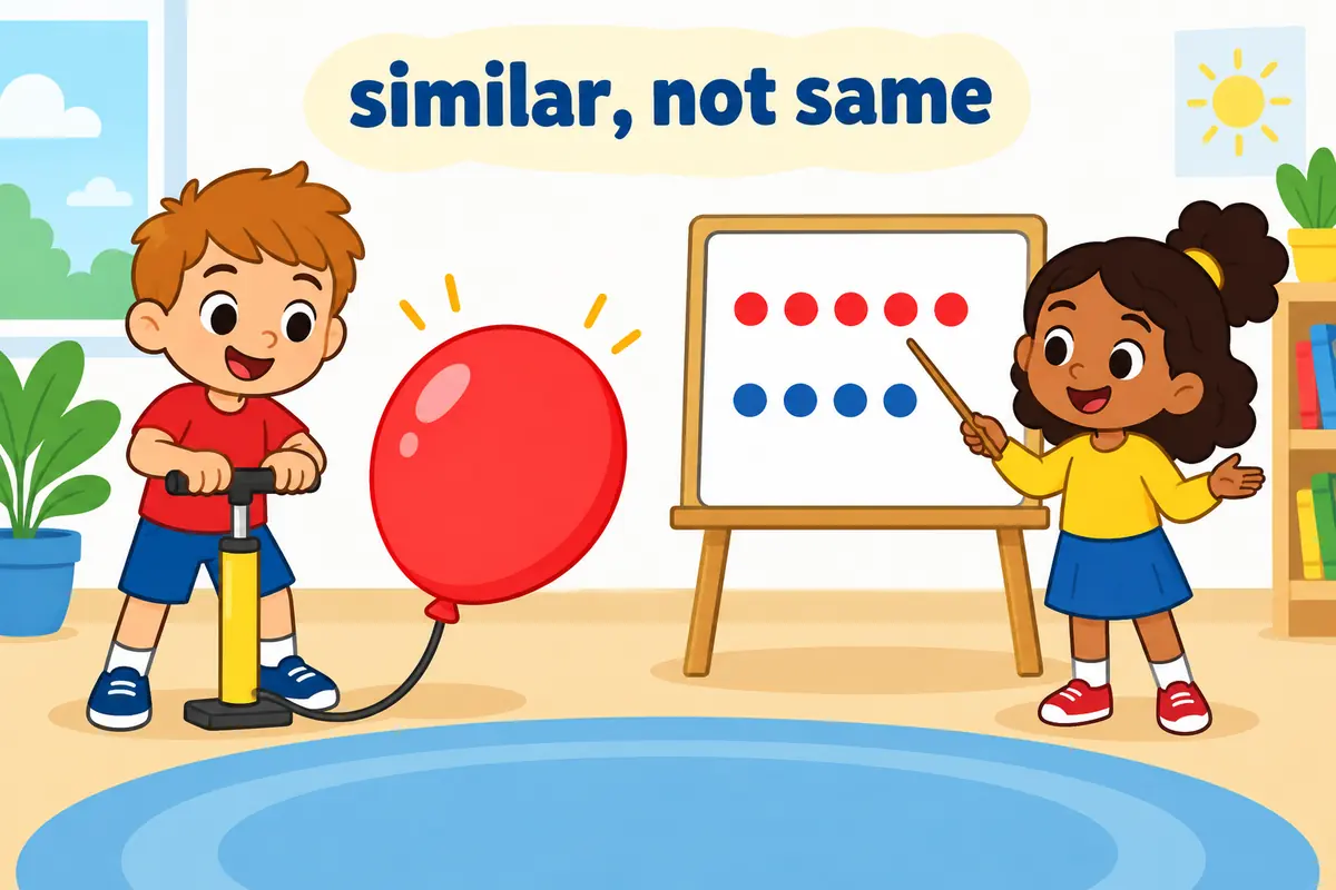 A cartoon single scene contrasts a growing balloon with a child explaining at a whiteboard.