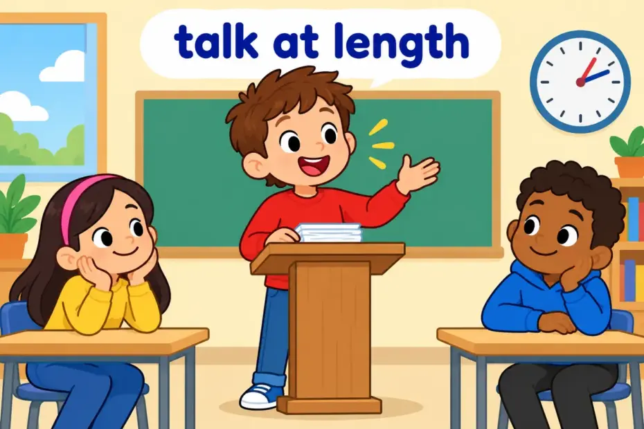 A cartoon pupil talks at length while classmates listen, showing expatiate in a sentence as speaking at length.