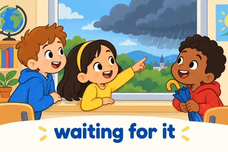 Cartoon children look out of a classroom window at gathering clouds, showing expect in a sentence as believing rain is coming.