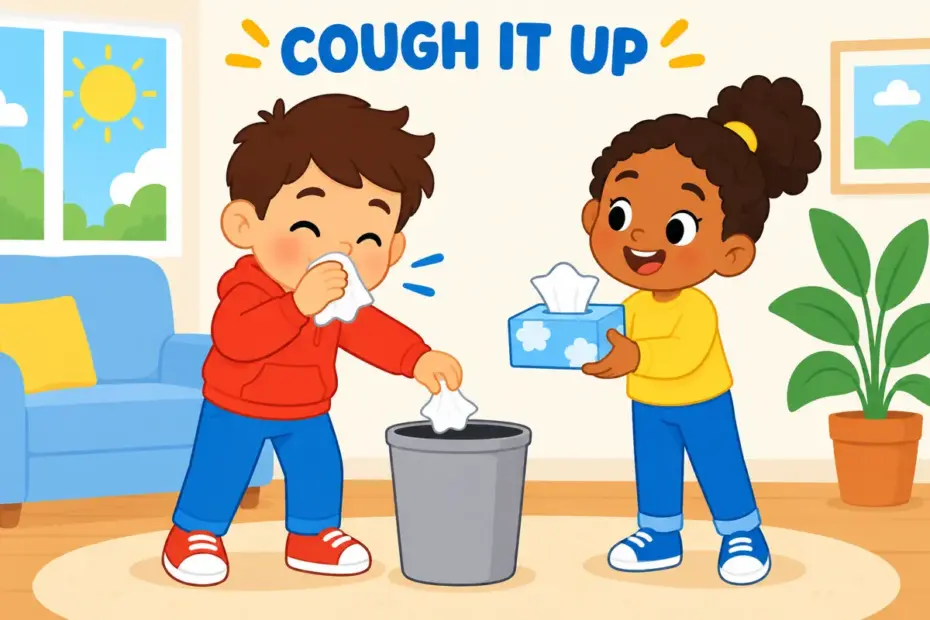 A child coughs into a tissue while a friend offers a tissue box, showing expectorate in a sentence.