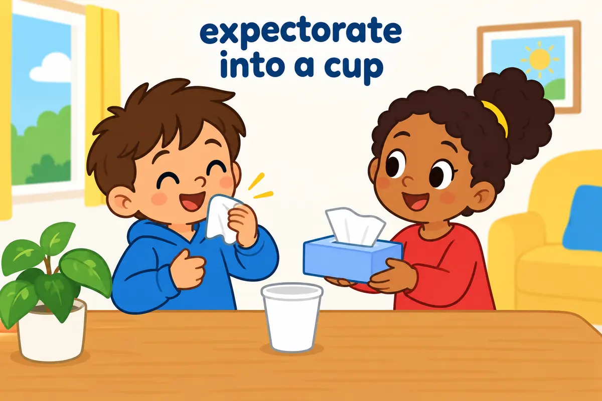 A child coughs into a tissue while a friend offers a tissue box, showing the verb followed by its object.