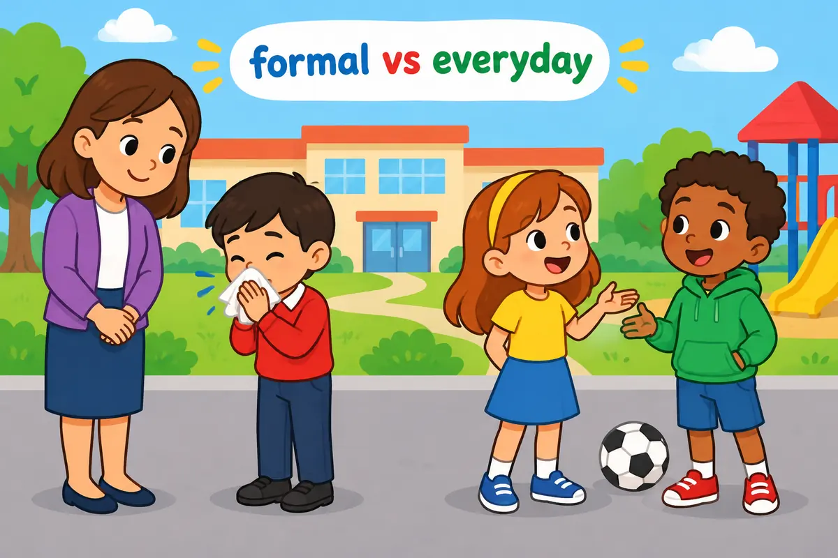 Children show a polite, formal cough gesture and a relaxed everyday conversation in one school scene.