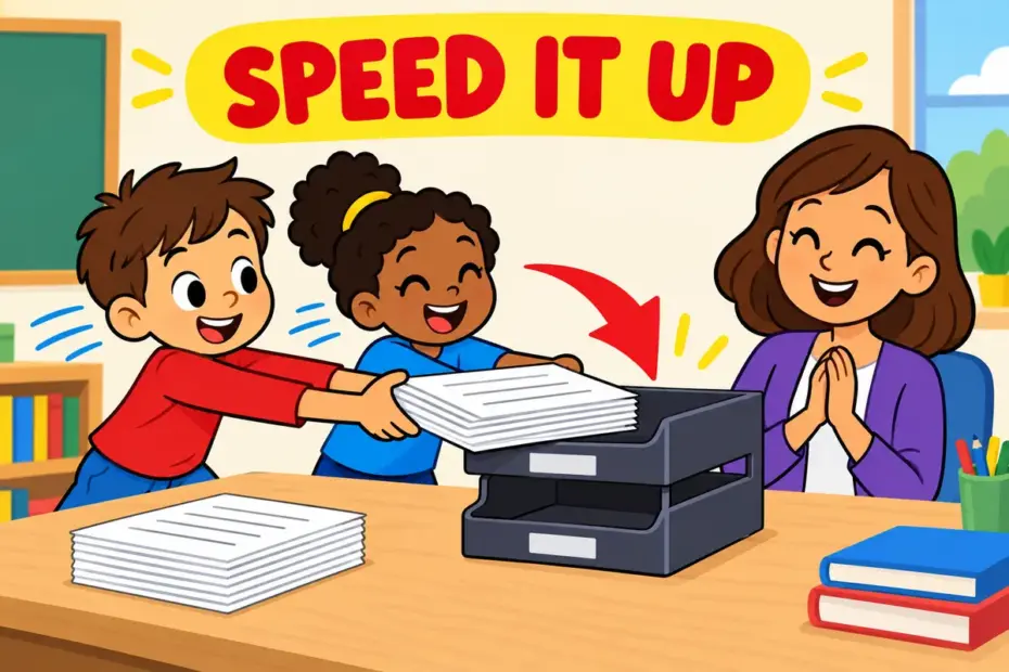 Cartoon pupils move forms to the top of a teacher’s tray, showing expedite in a sentence as making a process happen sooner.