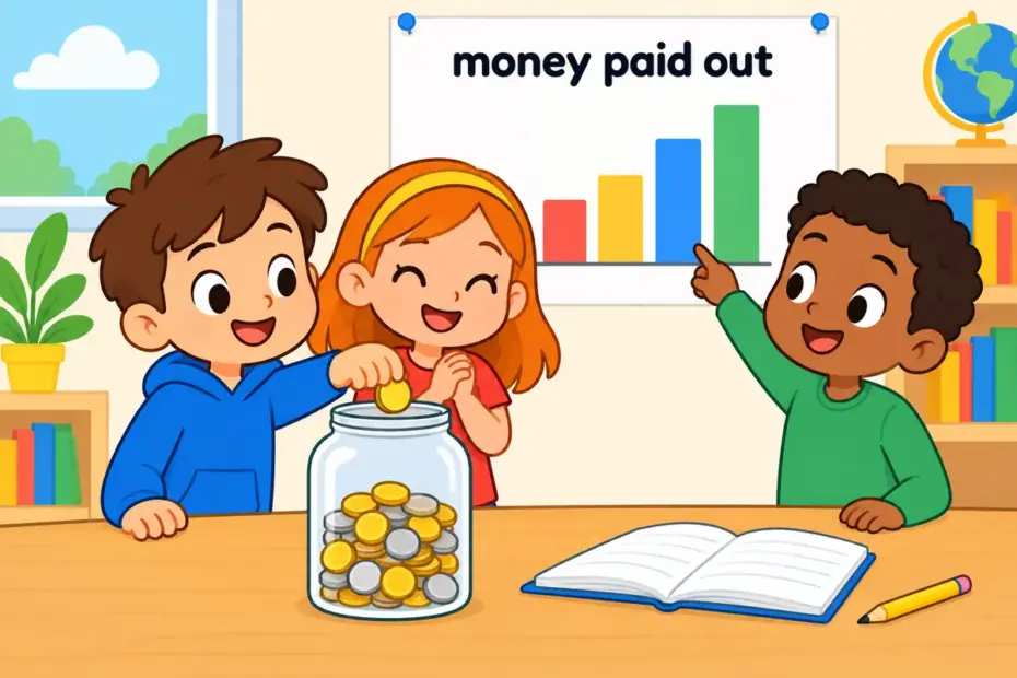 Cartoon pupils add coins to one large jar beside a wall chart, showing expenditure in a sentence as a total paid out.