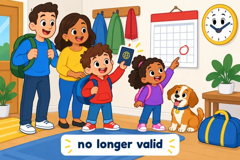 A cartoon family checks a wall calendar beside a passport, showing expire in a sentence as a document reaching its last valid day.