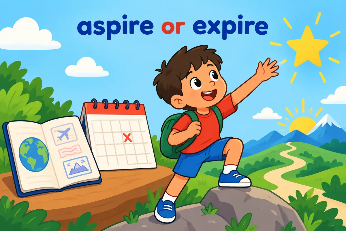 A single cartoon scene contrasts a passport reaching its end date with a child reaching upward toward a star, comparing expire and aspire.