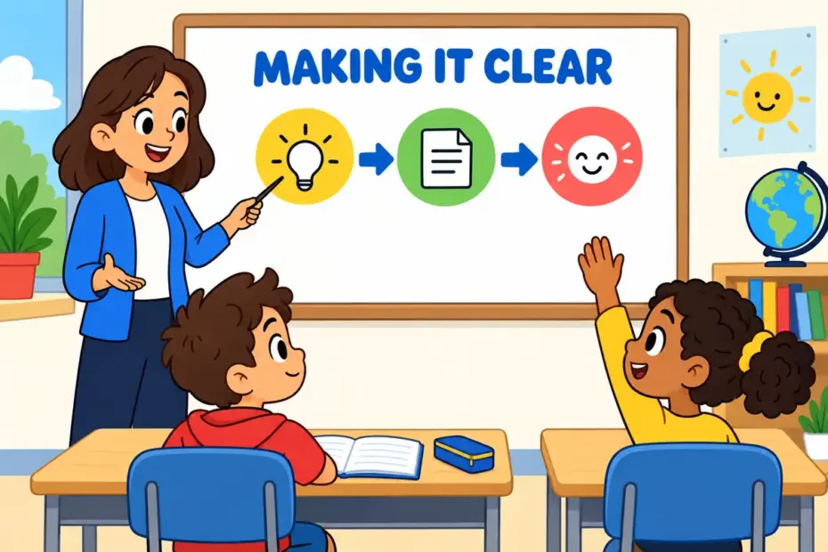 Cartoon teacher points to a simple diagram while a pupil listens, showing explain in a sentence as making an idea clear.
