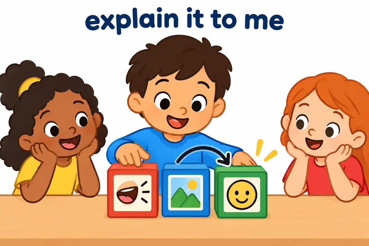 Three cartoon word blocks line up as explain, the topic, then to me to show the verb pattern.