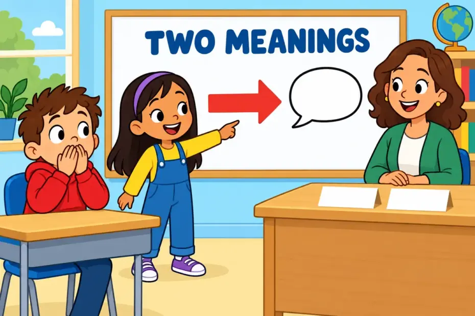 Cartoon children show a surprised classmate blurting a word and a board reading there, showing expletive in a sentence as a filler.