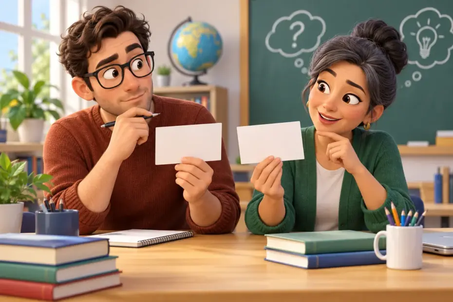 A writer compares two blank sentence cards with a teacher, exploring different meanings of the word expletive.