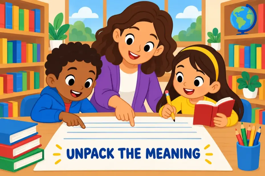 Cartoon pupils study a large poem sheet together, showing explicate in a sentence as explaining a text in close detail.