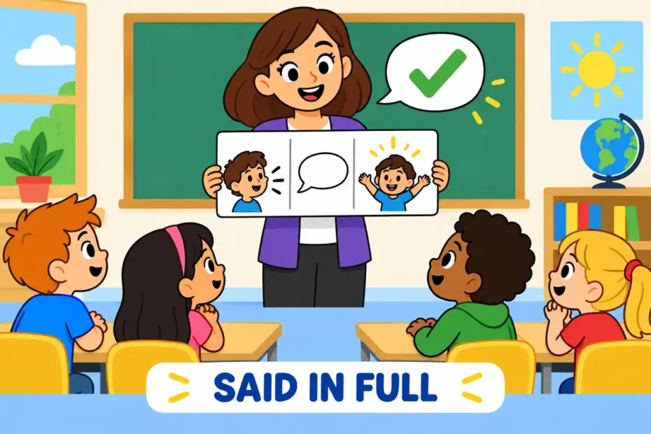 Cartoon pupils follow a teacher's clearly pictured steps, showing explicit in a sentence as instructions that leave nothing to guess.