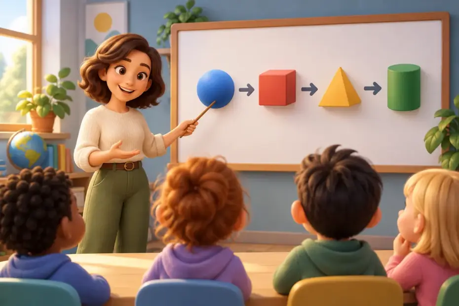 A teacher points to a clear step-by-step visual made only of abstract shapes.