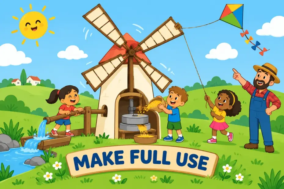 Cartoon children put every part of a windmill to work, showing exploit in a sentence as making full use of a resource.