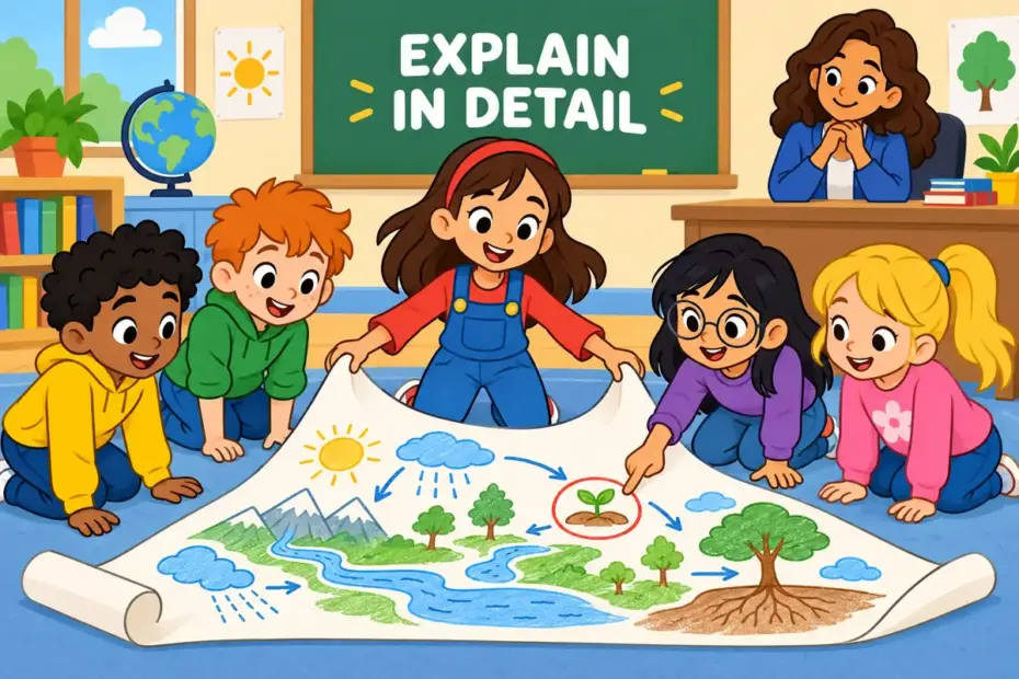 Cartoon children gather as a classmate unrolls a long diagram on the floor, showing expound in a sentence as a full explanation.