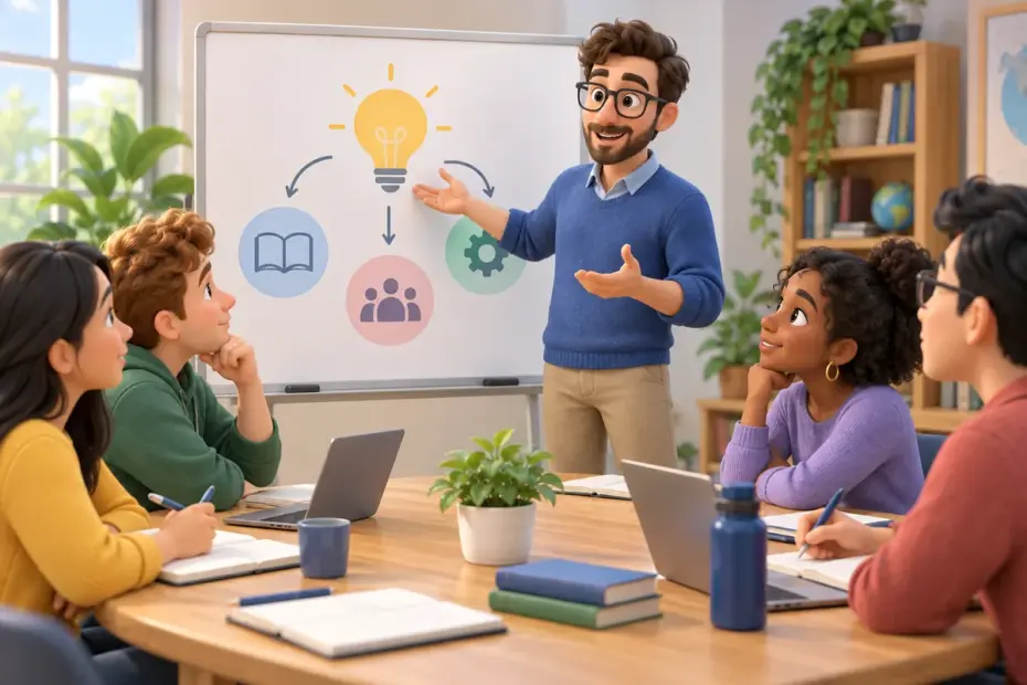 A lecturer explains a diagram to students gathered around a seminar table.