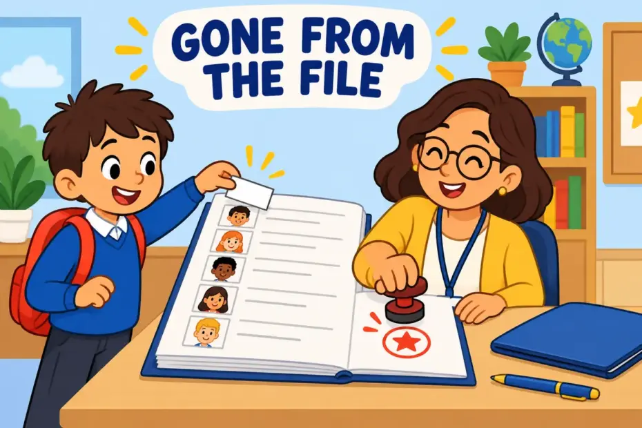 Cartoon pupil peels a name card off a class register while a clerk stamps a page, showing expunge in a sentence as removing a record.