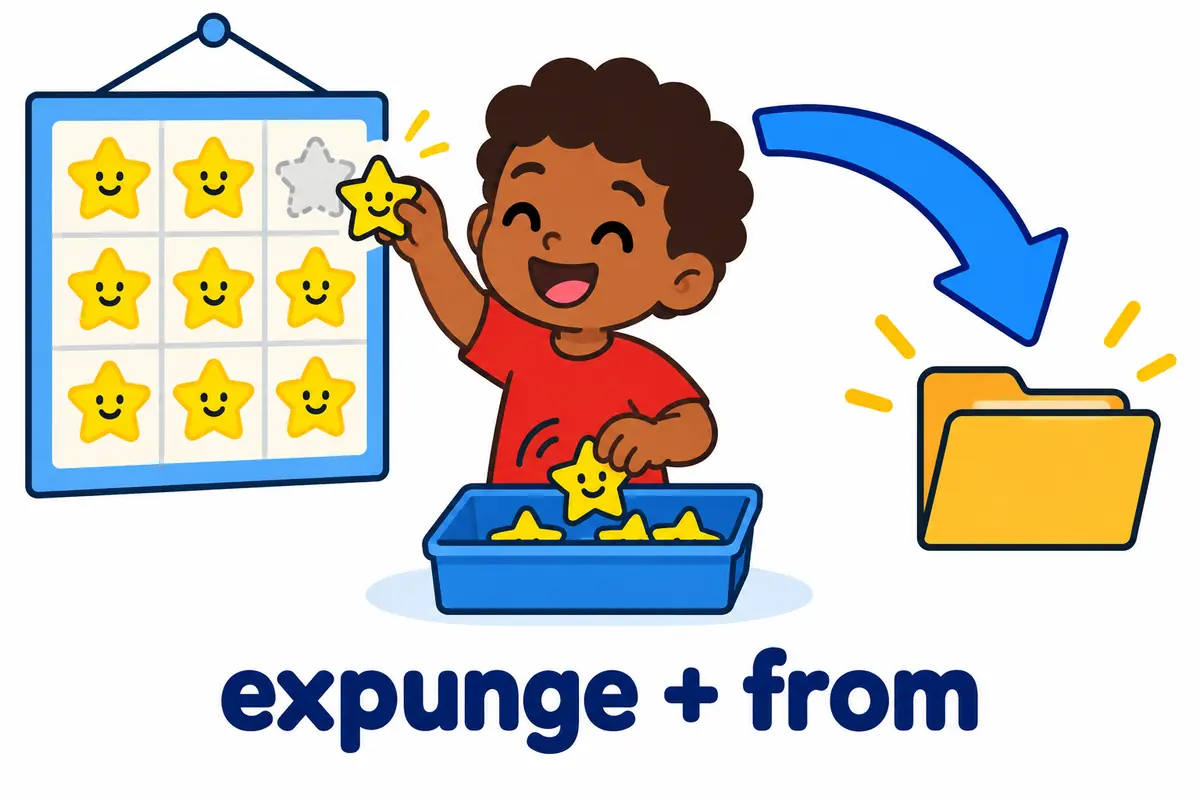 Cartoon pupil peels a name card off a class register while a clerk stamps the page, showing expunge in a sentence as removing a record.