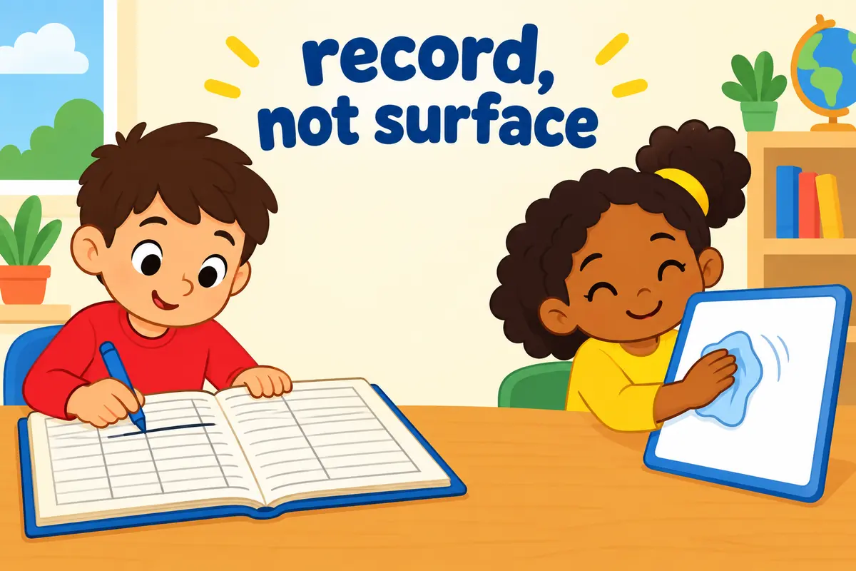 A single cartoon scene compares a child striking a line from a ledger with another child rubbing a whiteboard, showing expunge beside erase.