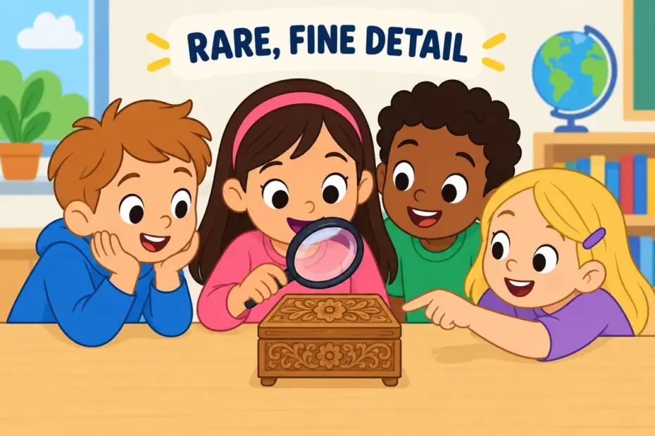 Cartoon children admire a tiny carved wooden box through a magnifier, illustrating exquisite in a sentence as rare beauty in fine detail.