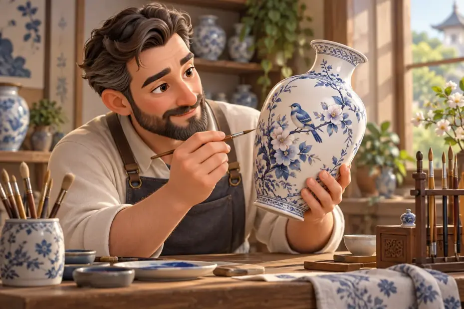 An artisan examines the fine details of a hand-painted porcelain vase.