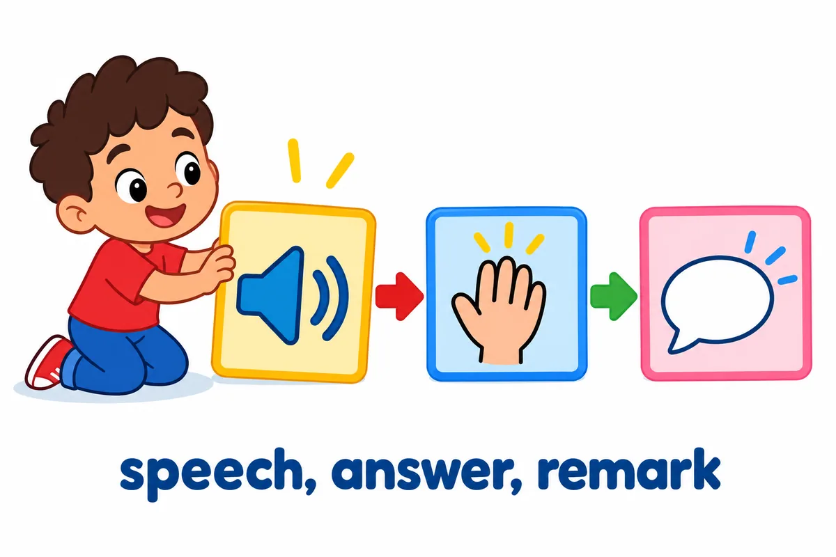 A child arranges a speaker icon before other picture cards, showing spontaneous speech.