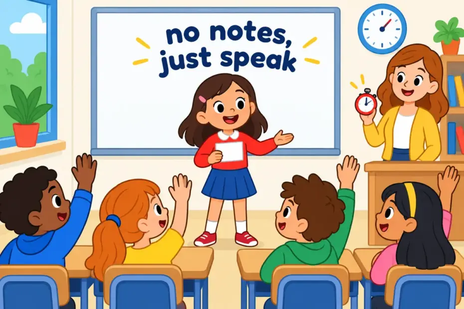 Cartoon pupils give an extempore book talk at the front of class, showing extempore in a sentence as speech without notes.