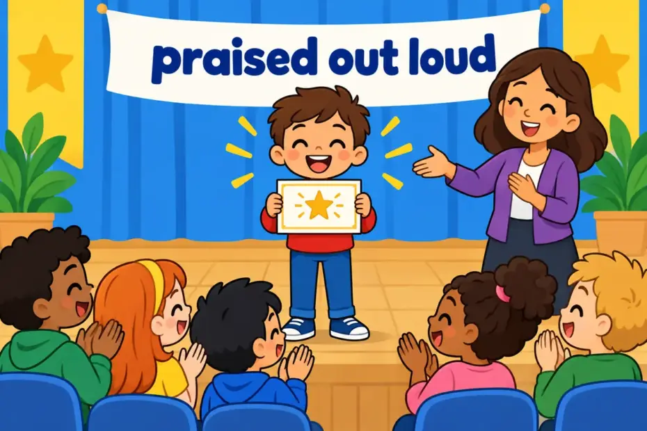 A cartoon class claps as one child holds up a certificate, showing extol in a sentence as loud public praise.
