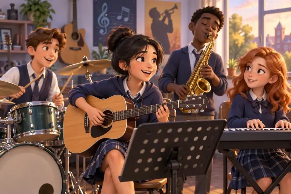 Students rehearse in a school music club after class.
