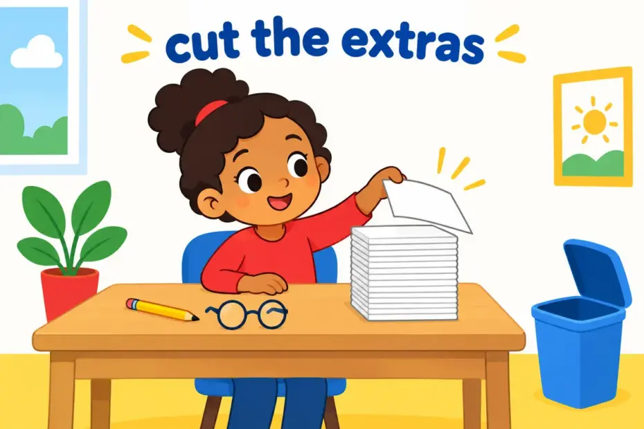 A cartoon editor removes a wobbly block from a tidy stack of pages, illustrating extraneous in a sentence as detail that is cut.