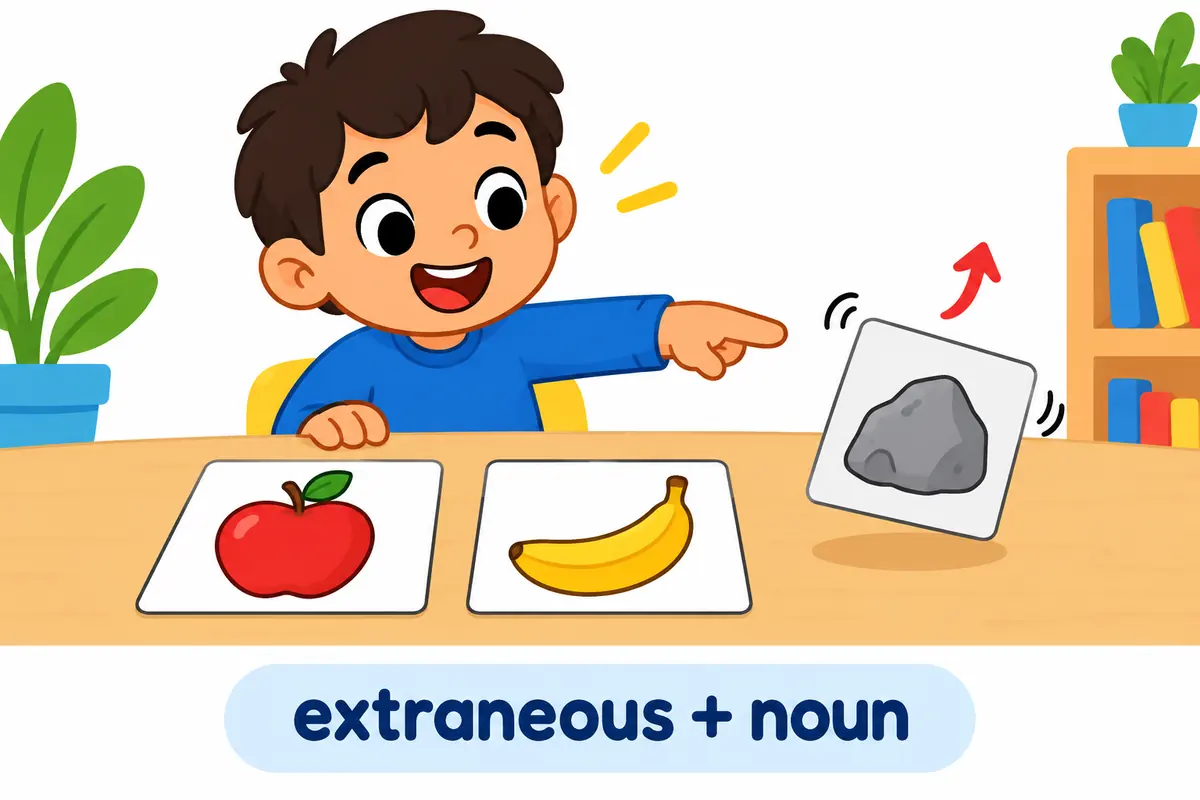 A cartoon editor lifts a wobbly extra block out of a tidy stack, showing extraneous detail as material that does not belong.