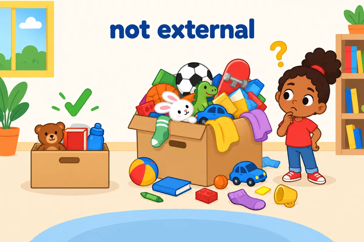 A cartoon single scene contrasts a tidy box holding exactly what is needed with a large extra box spilling unwanted clutter.