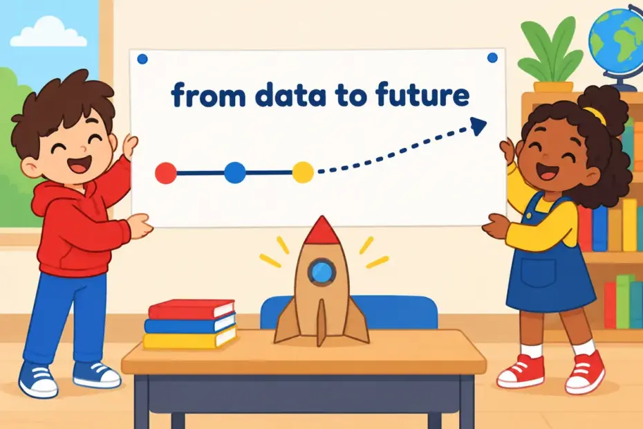 Cartoon children stretch a chart line from a few measured dots into dotted space, showing extrapolate in a sentence