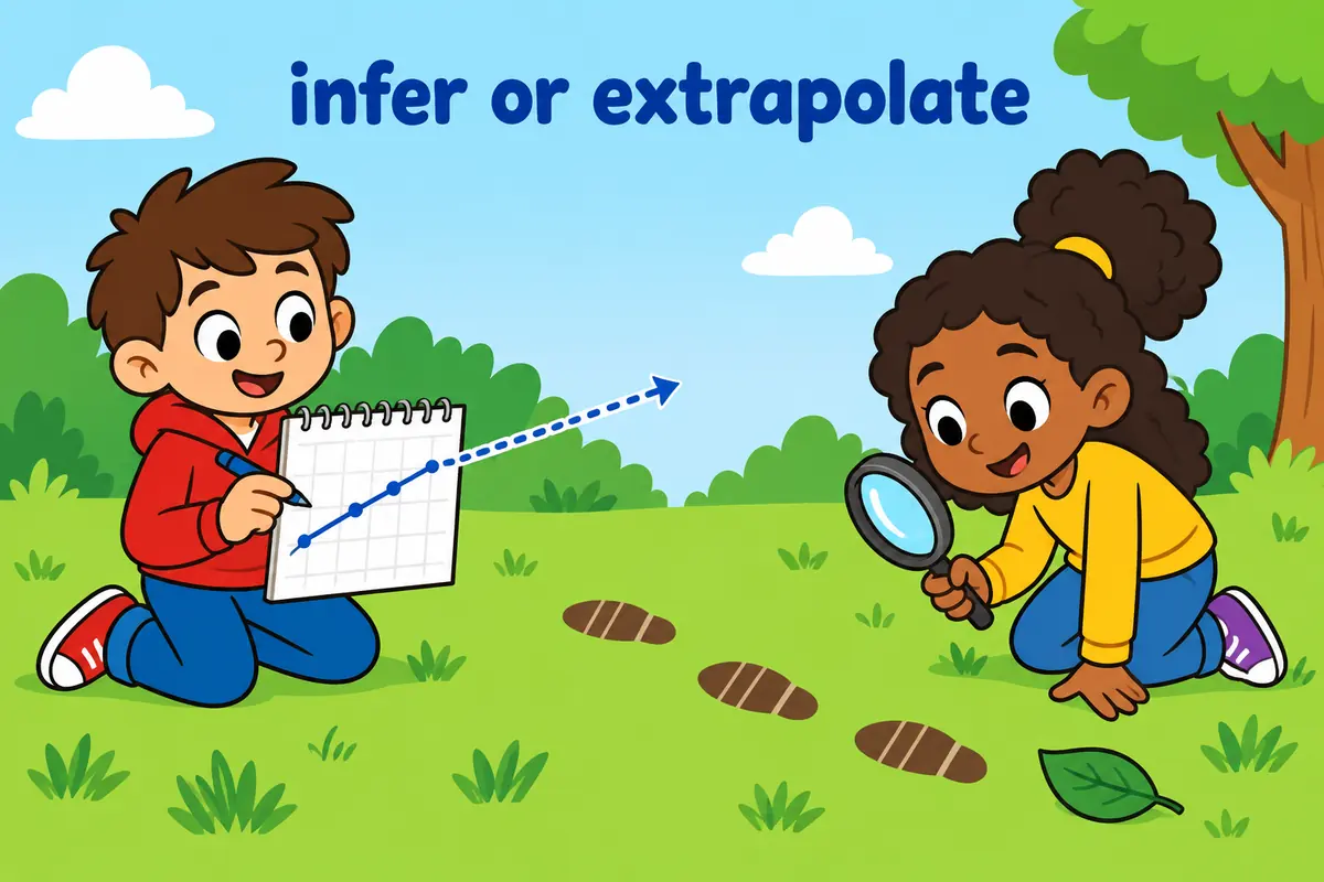 A single cartoon scene shows a child continuing a dotted chart line beside a child reading clues from footprints