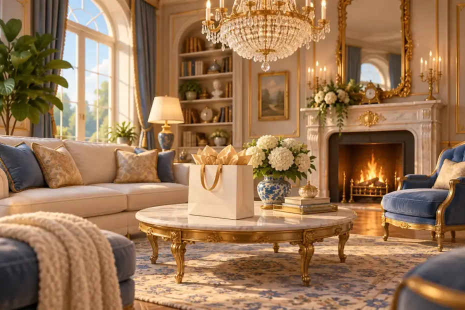A crystal chandelier brightens an ornate living room with a white shopping bag.