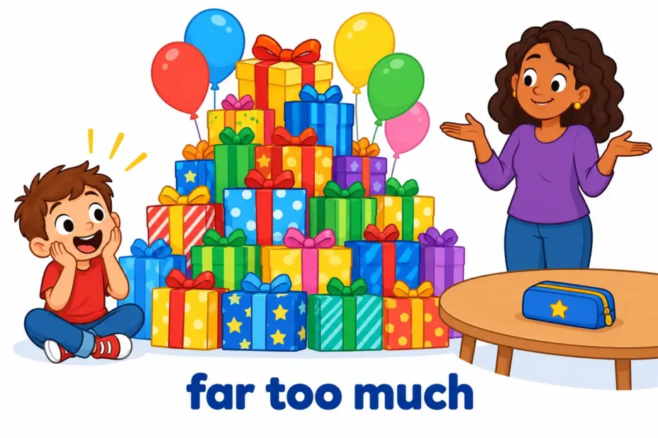 Cartoon children open an extravagant mountain of gifts beside a single modest pencil case, teaching extravagant in a sentence.