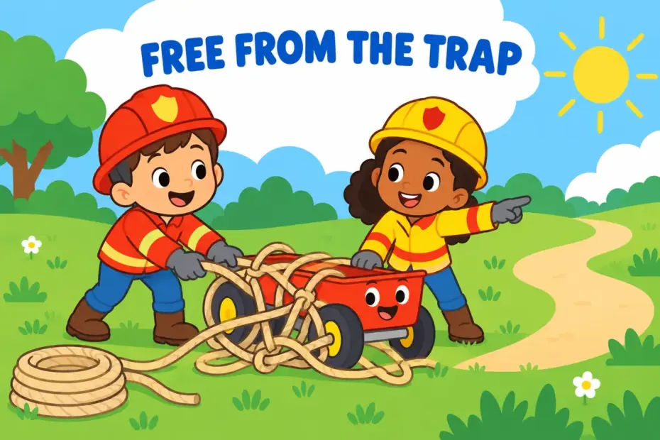 Cartoon rescue workers lift a driver clear of a tangled cart, showing extricate in a sentence.