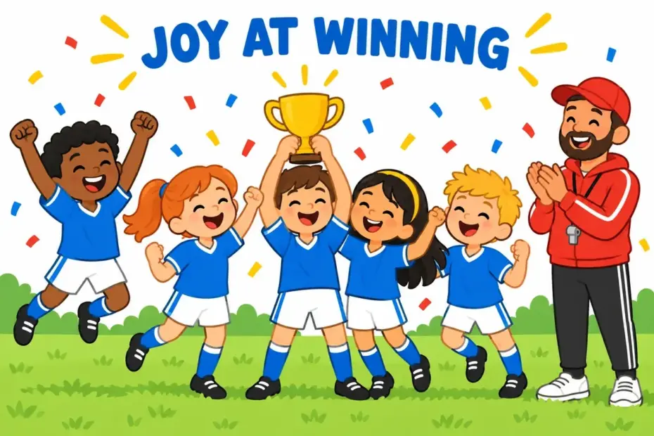 Cartoon teammates leap and cheer after a win, showing exult in a sentence as open, triumphant joy.