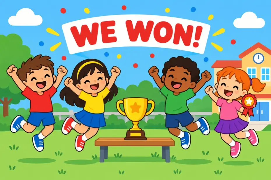 Cartoon pupils leap and cheer as their team wins, showing exultant in a sentence as triumphant joy.
