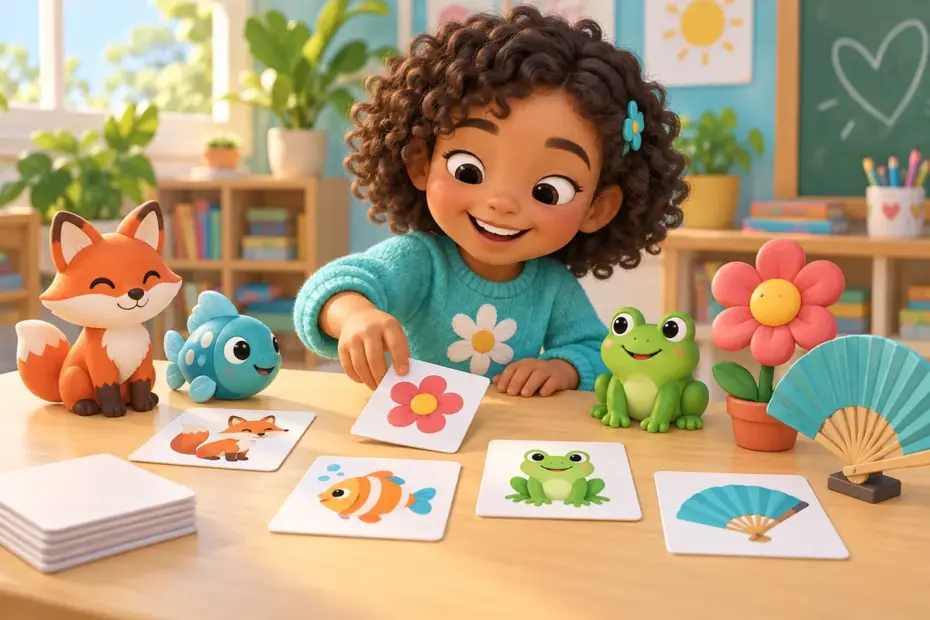 A child sorts blank picture cards beside friendly 3D toys of a fox, fish, frog, flower, and fan.