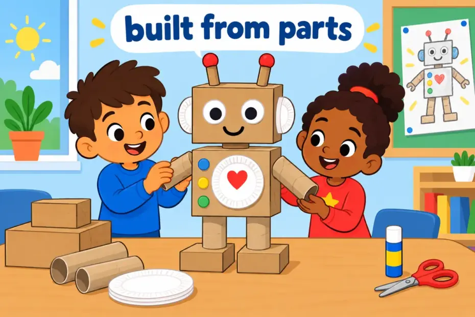 Cartoon children assemble a cardboard robot from separate boxes and tubes, showing fabricate in a sentence as building from parts.
