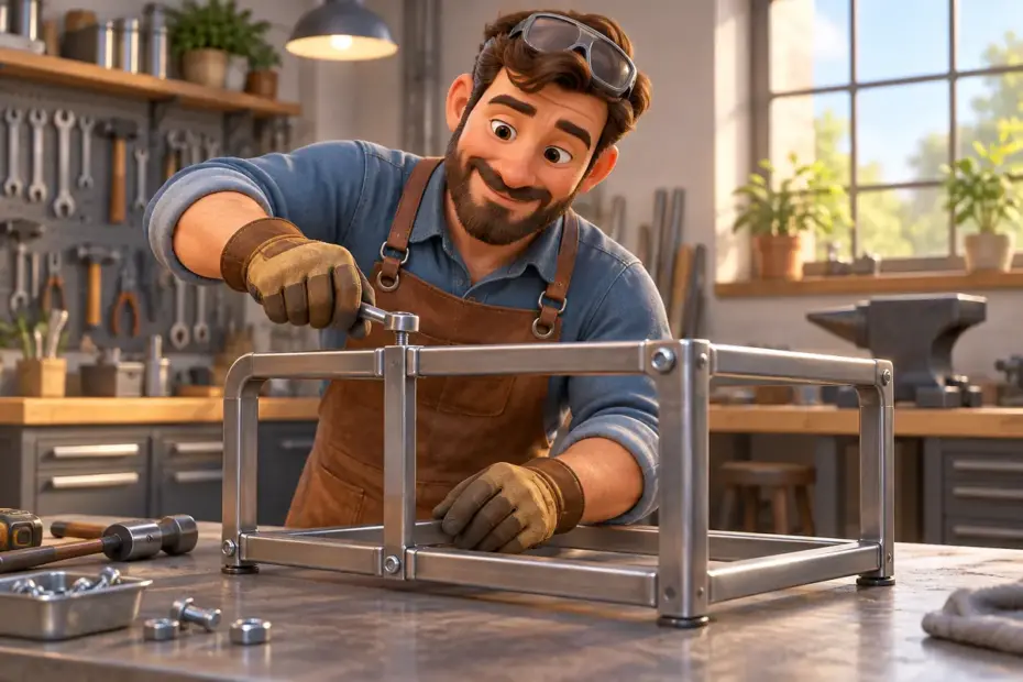 A metalworker assembles a simple rounded steel frame at a tidy workshop.