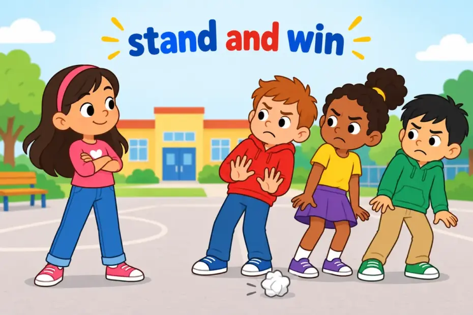 Cartoon child stands calmly before frowning doubters who step back, showing face down in a sentence as winning a confrontation.