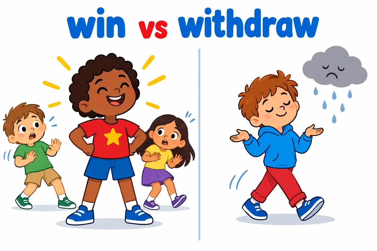 A cartoon split scene contrasts a confident child standing firm before doubters with a child walking away from a small storm cloud.