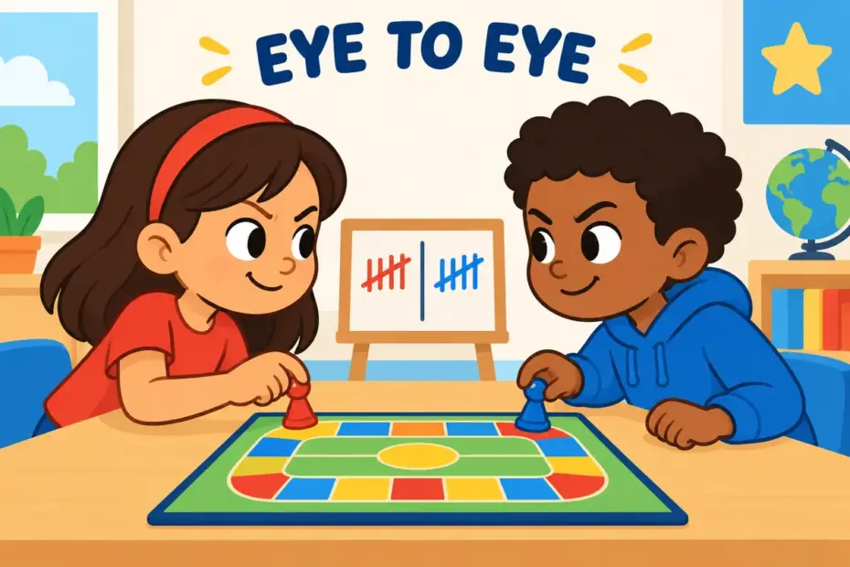 Two cartoon children stand opposite each other across a board game, showing face off in a sentence as a direct contest.