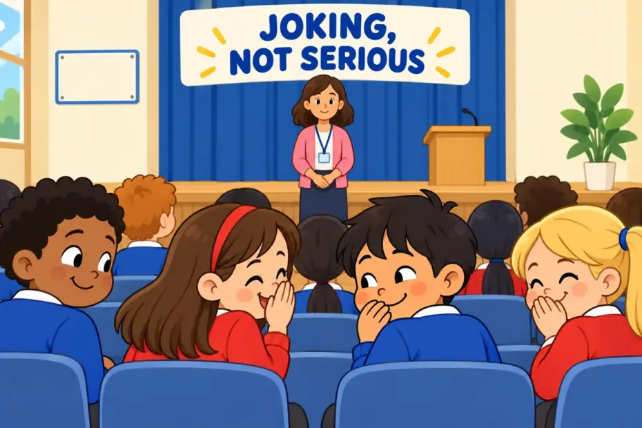 Cartoon pupils grin at a classmate joke during a solemn assembly, showing facetious in a sentence as mismatched humour.